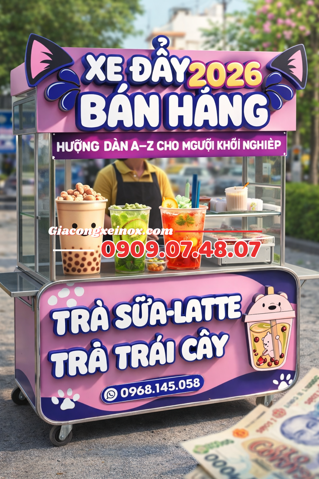 Xe đẩy bán hàng inox trà sữa 2026 thiết kế đẹp, phù hợp kinh doanh vỉa hè