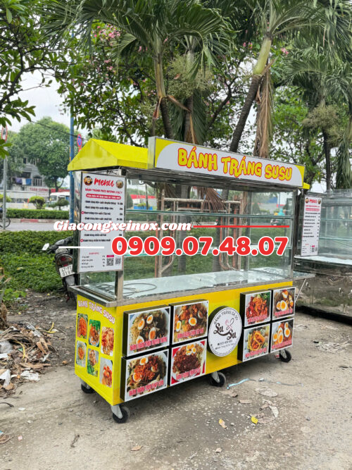 xe bánh tráng trộn inox 2m có tủ kính bán vỉa hè thiết kế nổi bật