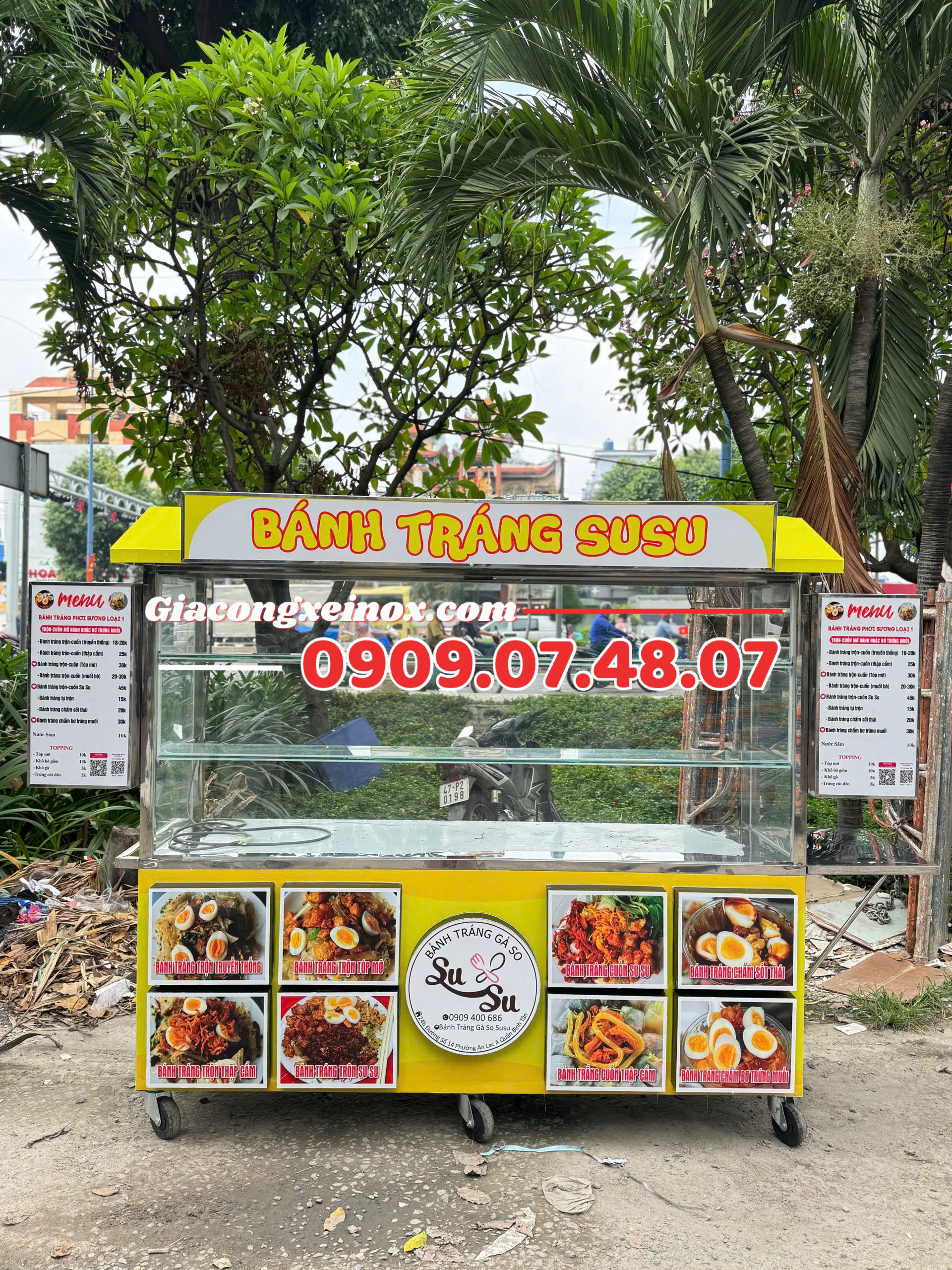 xe bán bánh tráng trộn inox 2m tủ kính lớn trưng bày topping